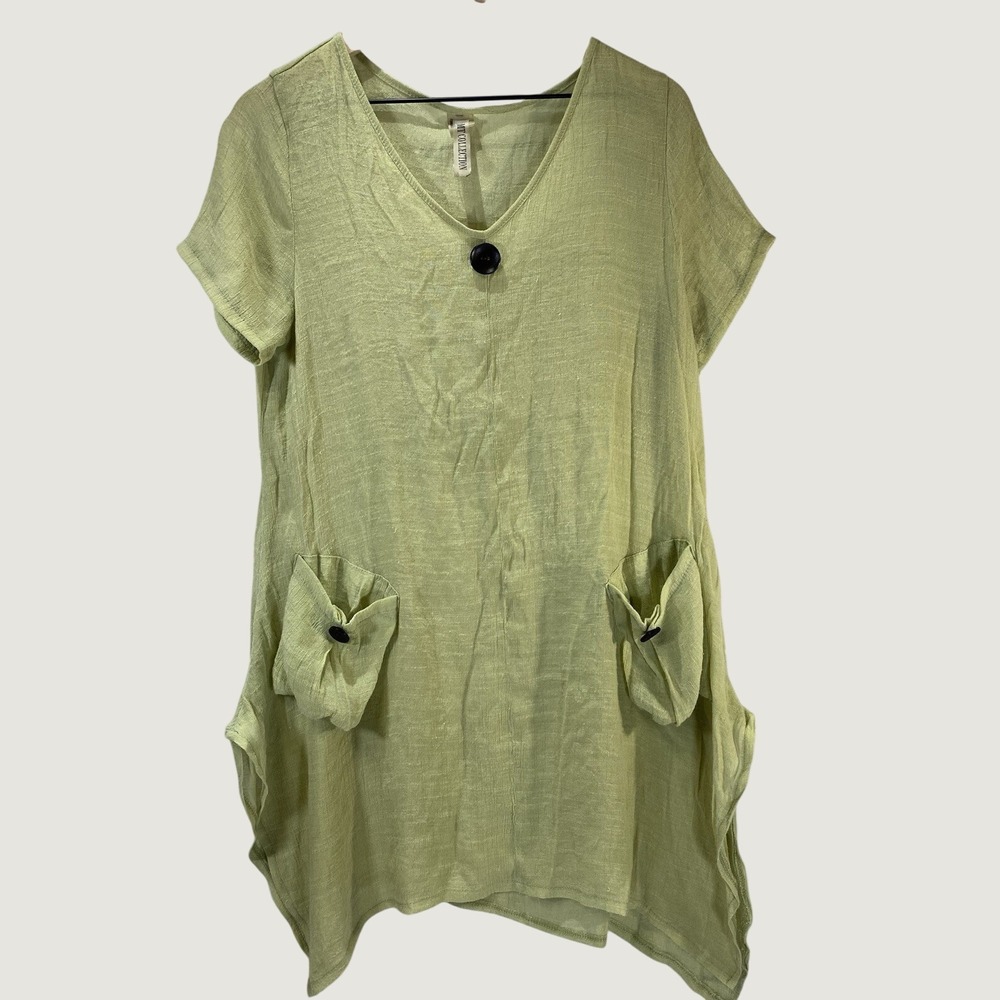 MT Collection Tunic Women SM Green Lagenlook Sharkbite Hem Short Sleeve Pocket